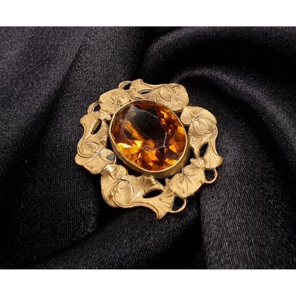 Antique Early 20th Century Gold-Tone Brooch With Amber Oval Glass Stone & Floral - Picture 4 of 6